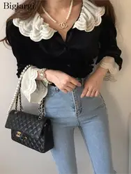 Autumn Velvet Shirts Tops Women Lace Patchwork Fashion Ruffle Long Sleeve Ladies Blouses Vintage Korean Loose Woman Shirt