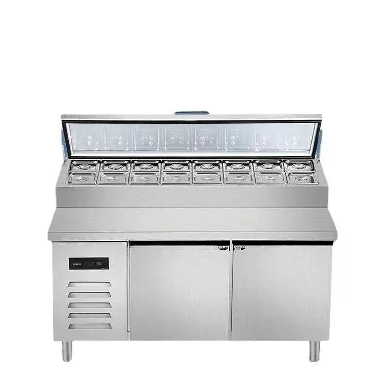 

Refrigerated pizza table, fruit fishing display cabinet, salad table, milk tea freezer, fresh-keeping, refrigerated sprinkling