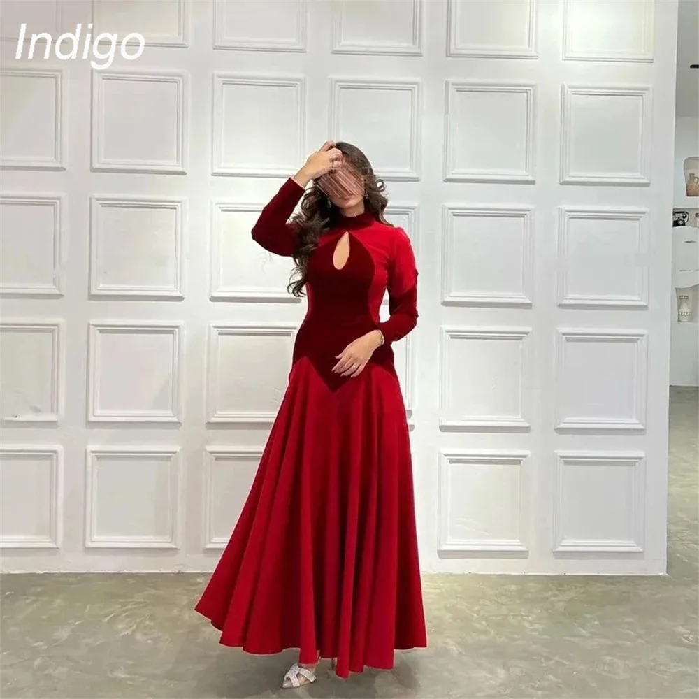 Indigo Prom Dress A-Line Long Sleeve HIgh Collar Pleat Ankle-Length Satin Zipper Back Elegant Evening Gowns For Women فساتين الس