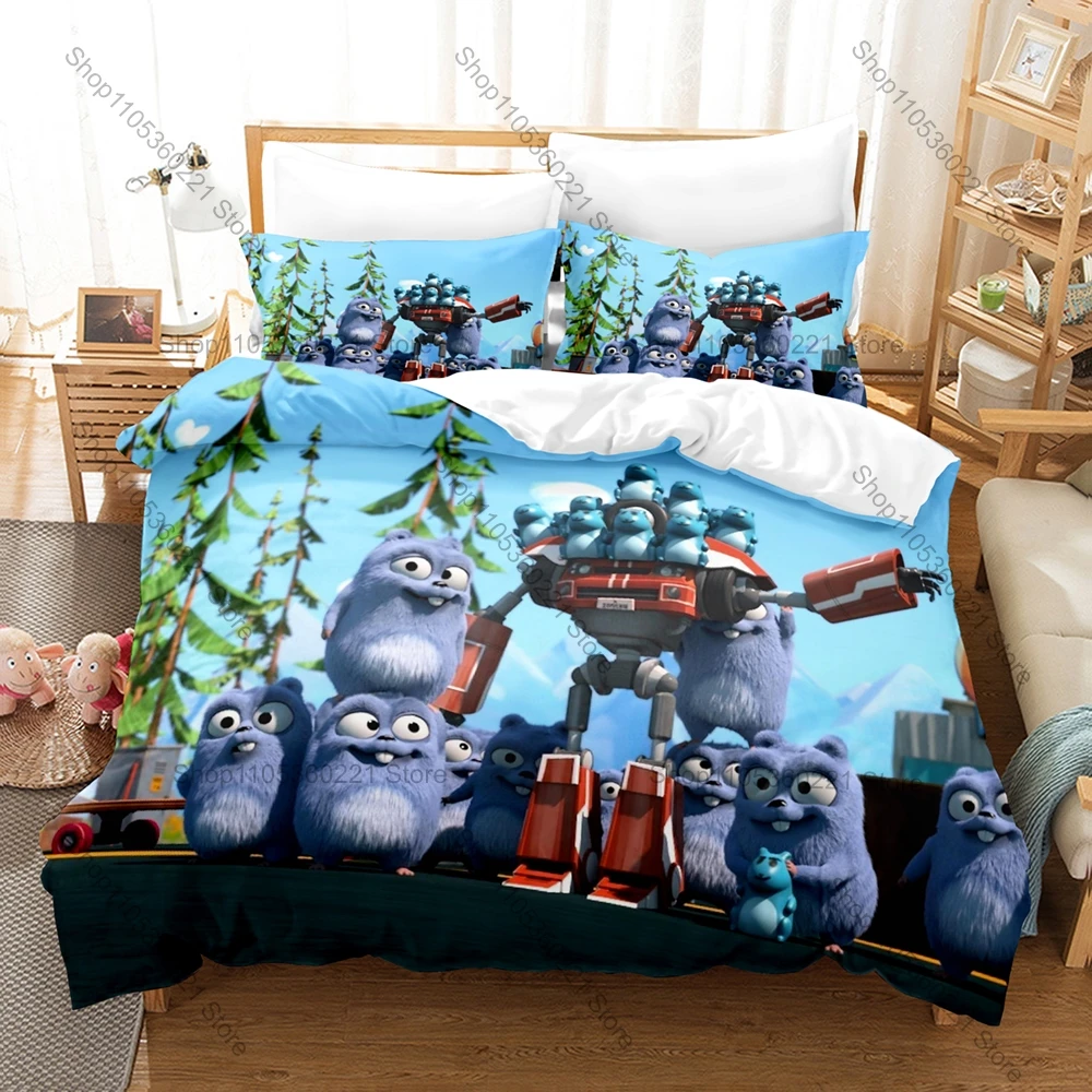 Grizzy and The Lemmings Funny Brown Bear and Lemmings Cartoon HD Print Bedding Set Duvet Cover + 2 Pillowcases Polyester Decor