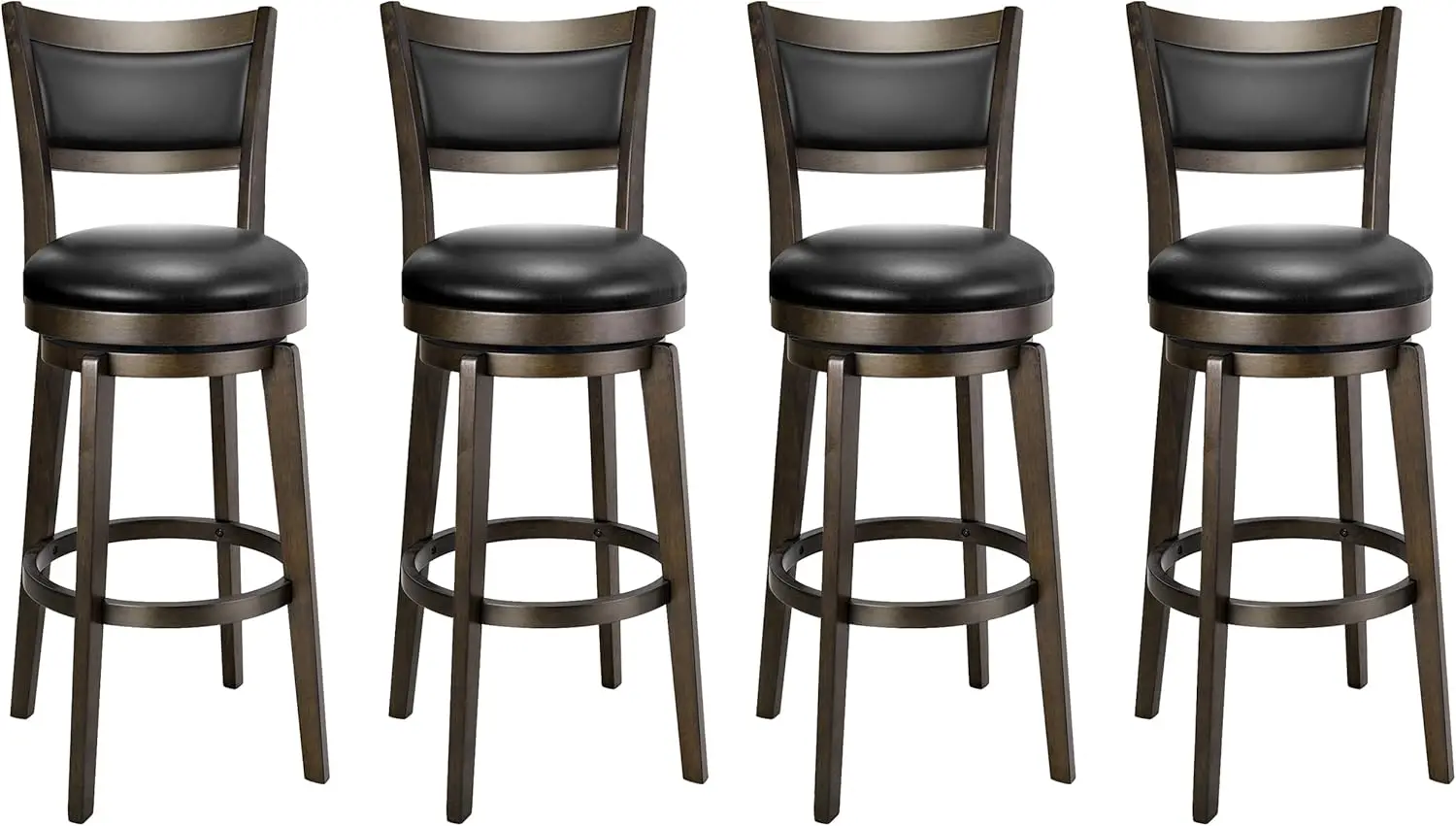 Swivel Bar Stools Set of 4, 30 Inch Bar Height Barstools, Black Faux Leather Bar Stool with High Backrest & Solid Wood Legs & Wr