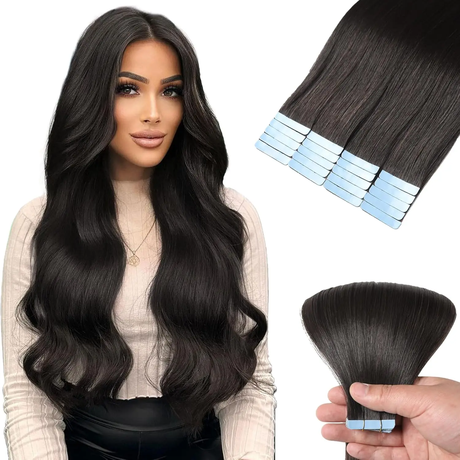 Cinta en extensiones de cabello humano, 14 pulgadas, negro azabache, 20 piezas, 50g por paquete, trama recta sin costuras, piel Invisible, cabello humano grueso