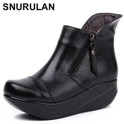 SNURULAN Vintage Zipper Women Boots Black Genuine Leather Wedges Swing Shoes Warm Plush Winter Shoes Round Toe Platform Shoes