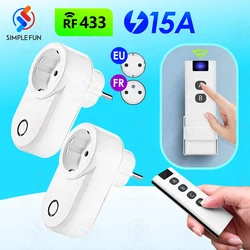 433Mhz Wireless Remote Control Socket Universal Smart Plug EU FR,50m Remote,Power Outlet 15A 220V for Home Appliance Light Fan