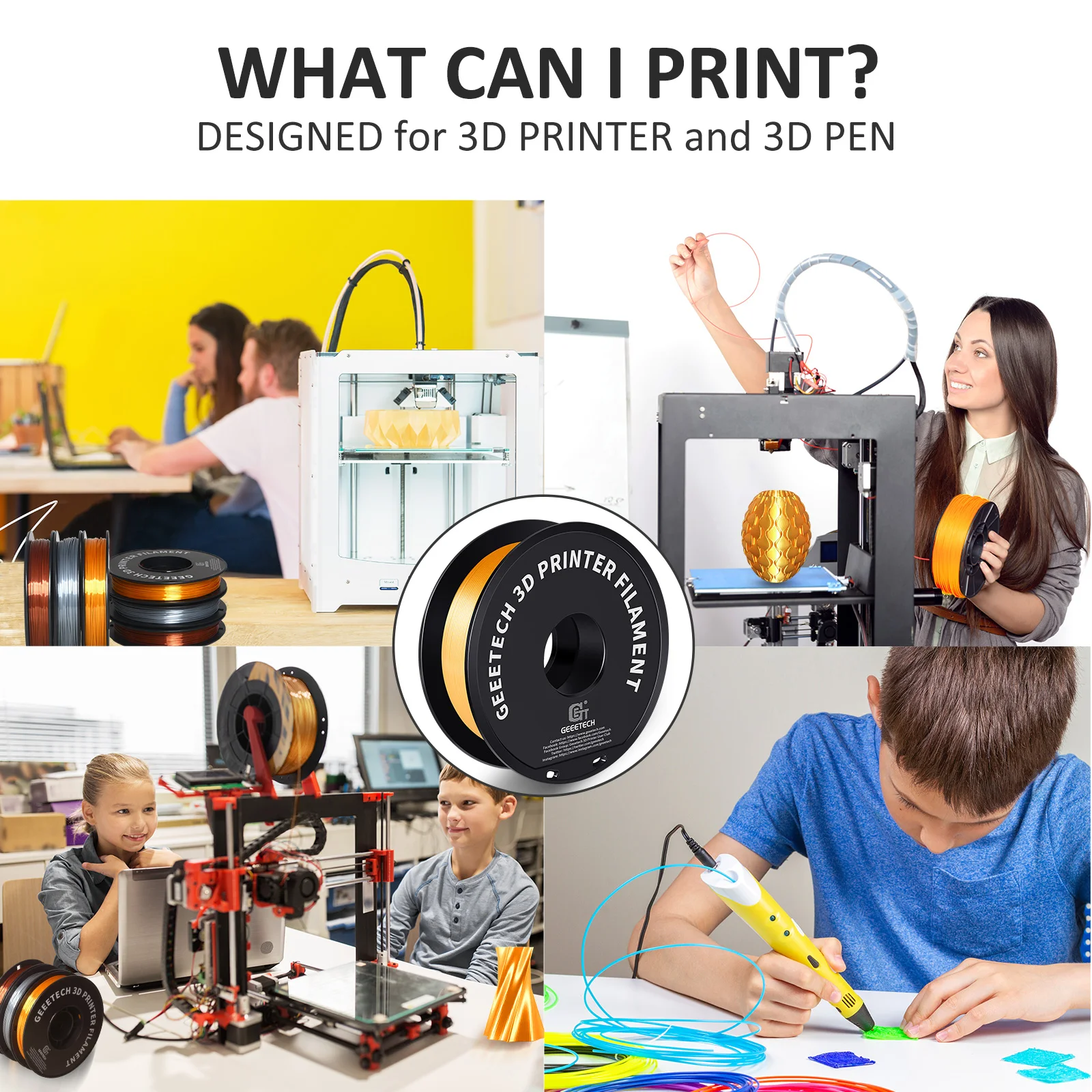 Geeetech – filament do drukarek 3D, plastik PLA o fakturze jedwabiu, 1 kg, średnica 1,75 mm, niepląta się, materiały do druku 3D, czarny, biały. — zdjęcie produktu 6