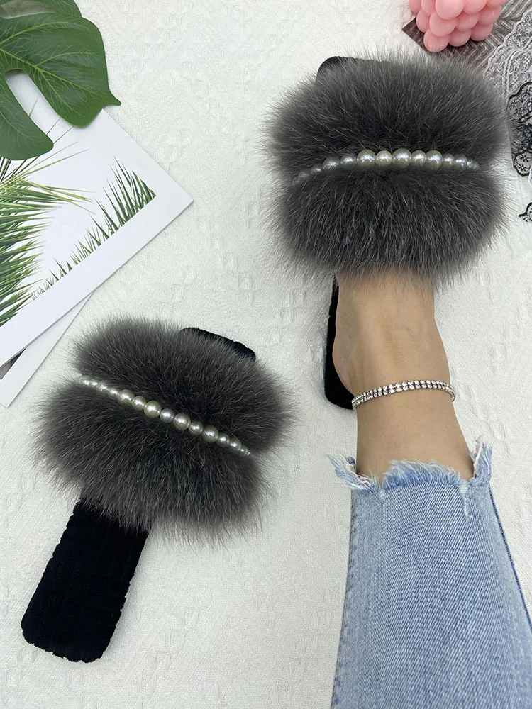 Woman Pearl Chain Flannel Flats Slippers Ladies 100% Natural Raccoon Fur Slides Fluffy Female Luxury Fox Fur Flip Flops Sandals