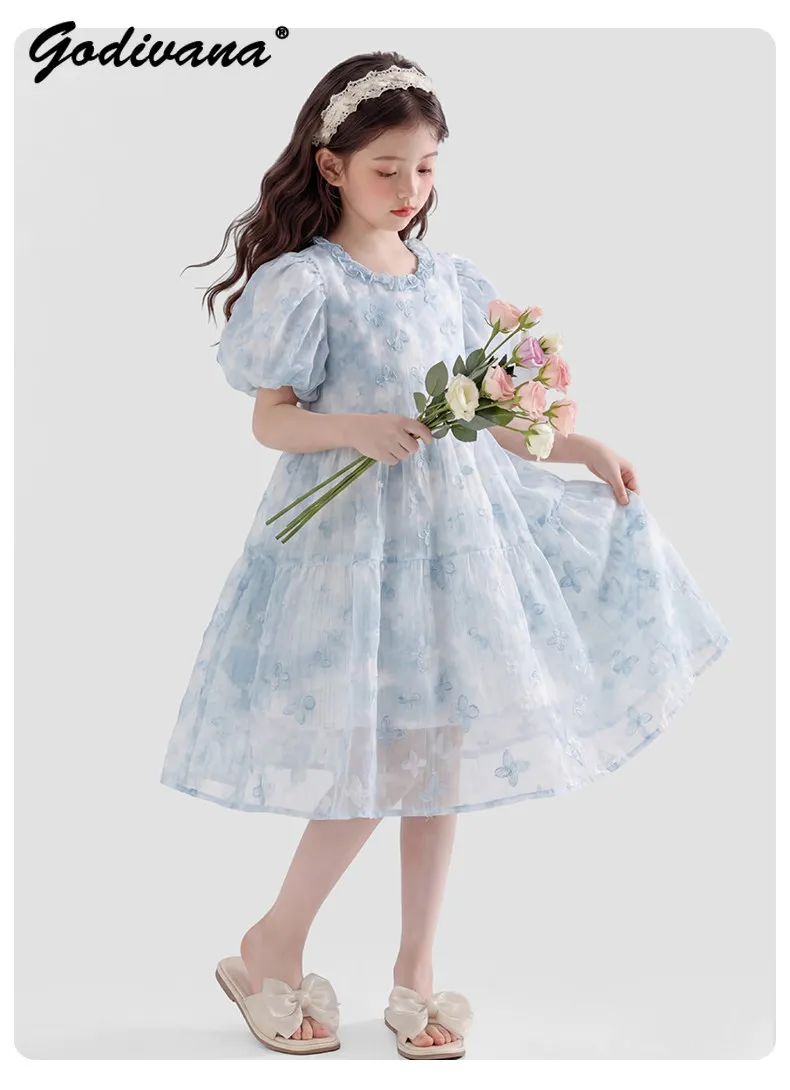 Little Girls Summer 2026 New Sweet Princess Dress Cute Girls Ruffle Collar Puff Sleeve High Waist Floral Print Breathable Dress