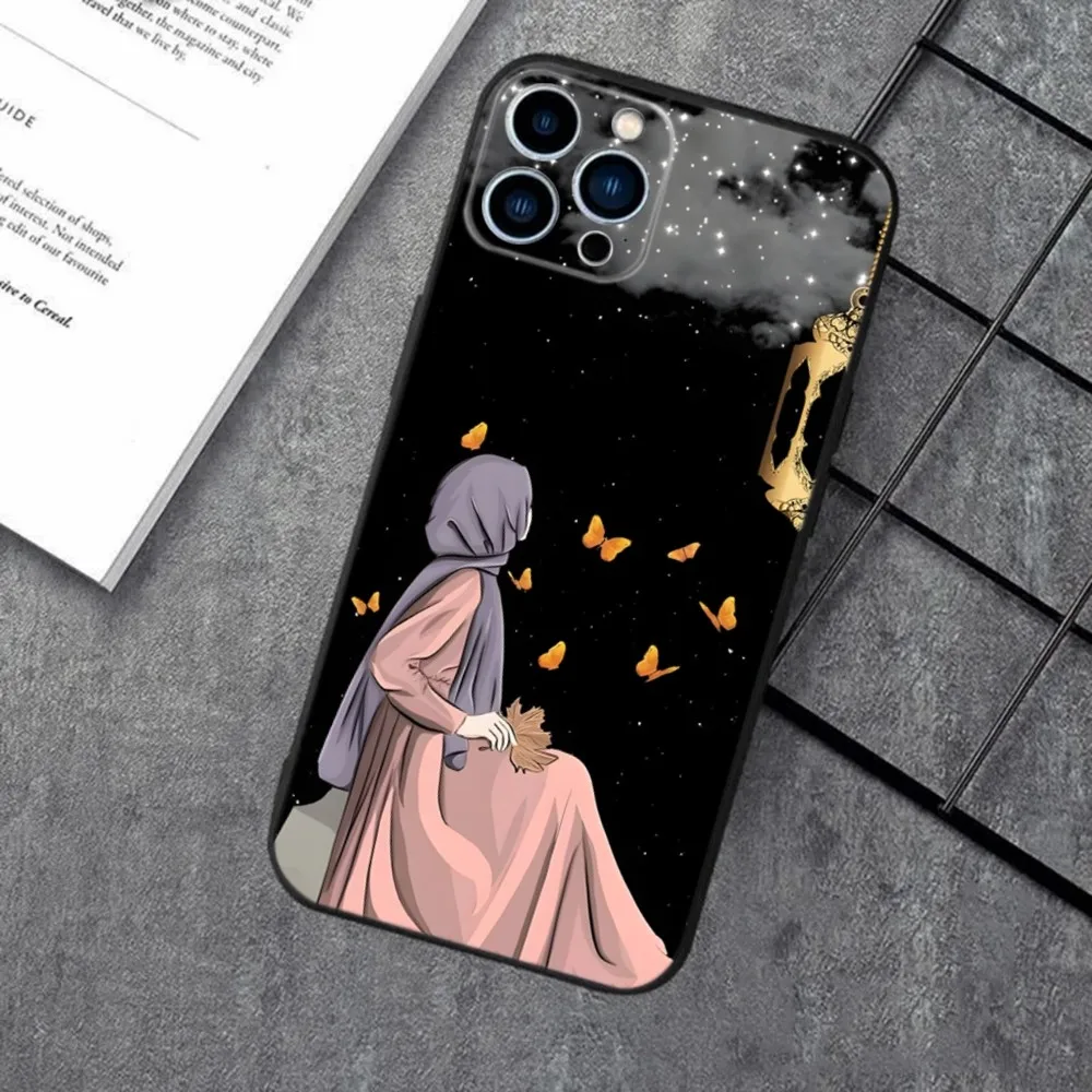 Muslim Arabic Hijab Girl Phone Case For Apple iPhone 15,14,13,12,11,XS,XR,X,8,7,Pro,Max,Plus,mini Silicone Black Cover