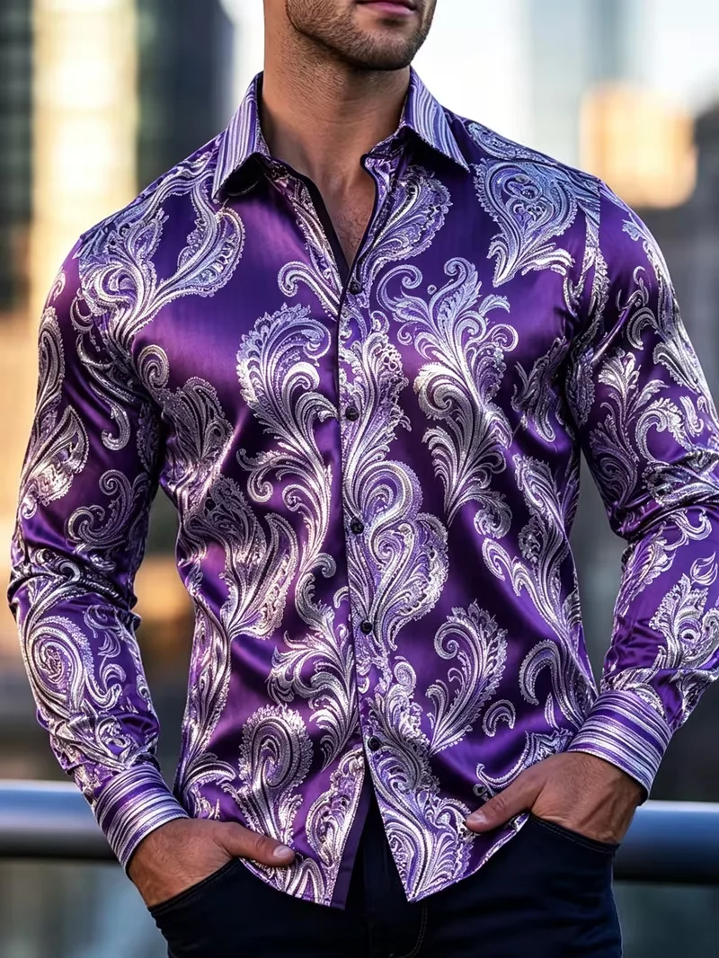 New Silver White Paisley Cashew Flower 3D Printed Long Sleeve Shirt Smooth Satin Collar Men's Top Clothing