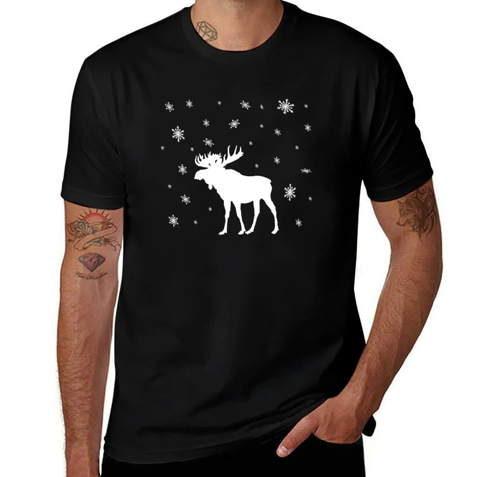 A White Moose In The Snow Cold Winter Time T-Shirt Art Pattern Printed Casual Top