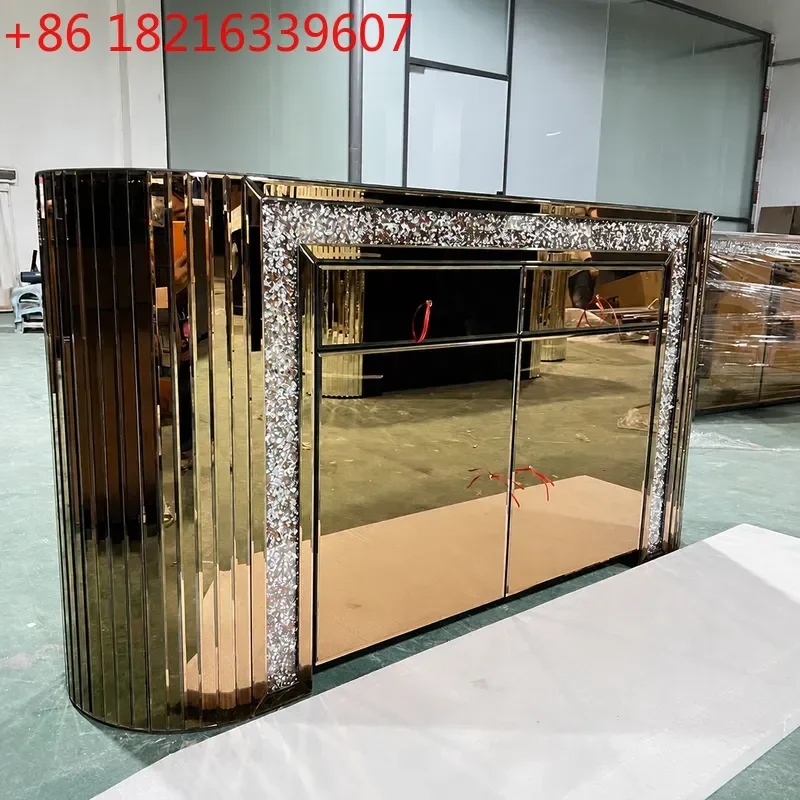 YAORounded Corner Mirror Side Cabinet Glass Display Locker Light Luxury Beveled Edge Two Door with Drawer Storage Furniture