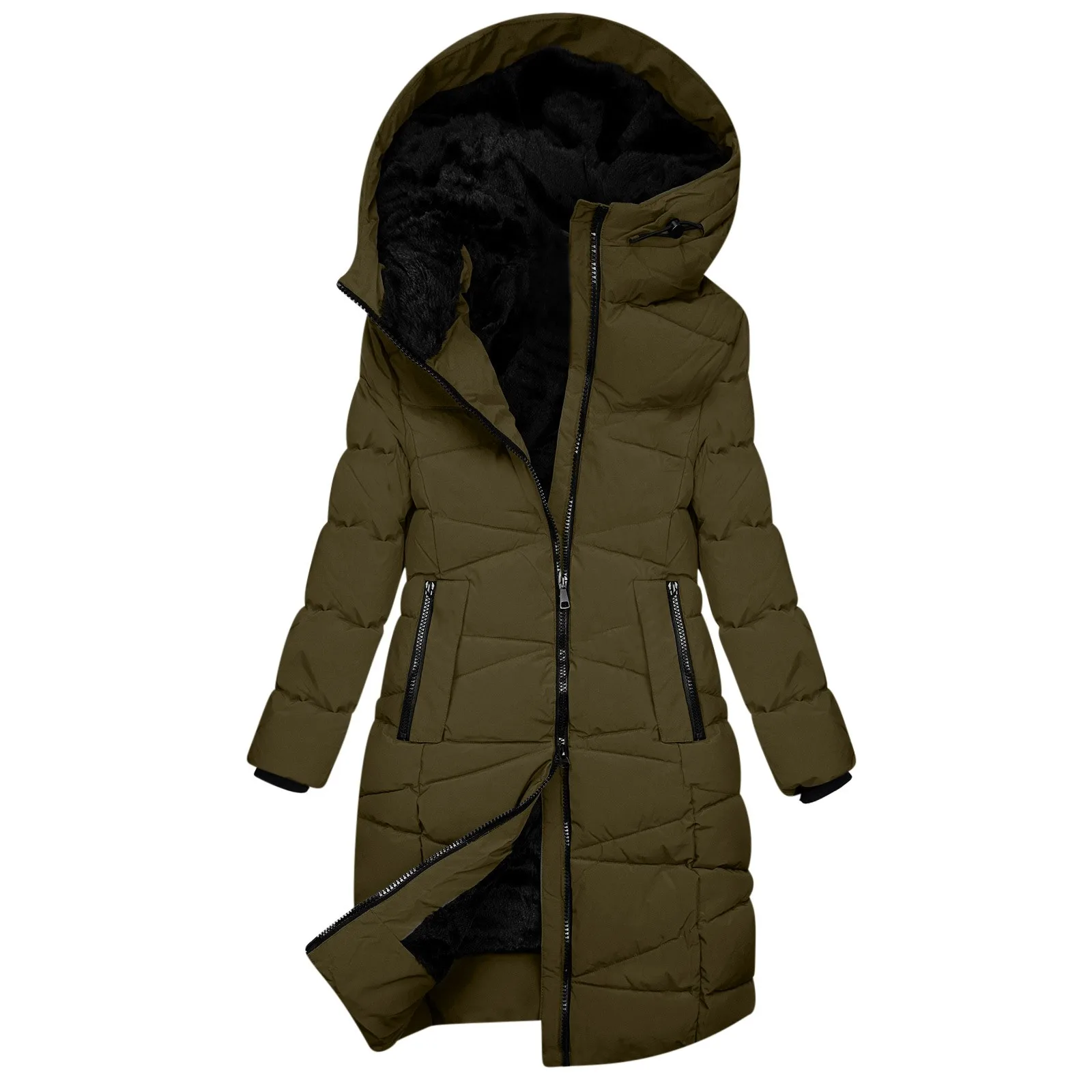 Women's Mid Length Down Coat Hooded Fleece Lined for Warmth Comfort Fleece Lined Padded Outerwear Coats Women Jackets