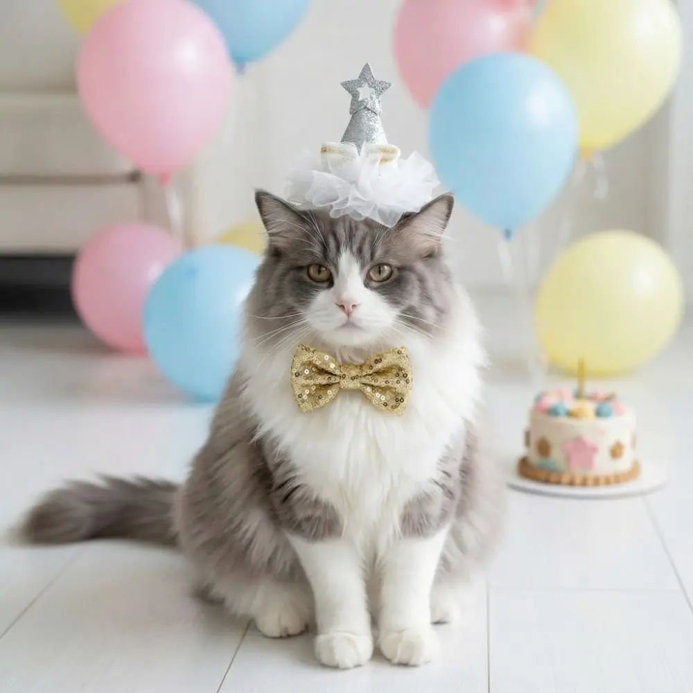 

Adjustable Cat Birthday Party Hat Star Sequins Comfortable Fit Pet Bowtie Headdress Decorative Pet Star Hat for Cats and Dogs
