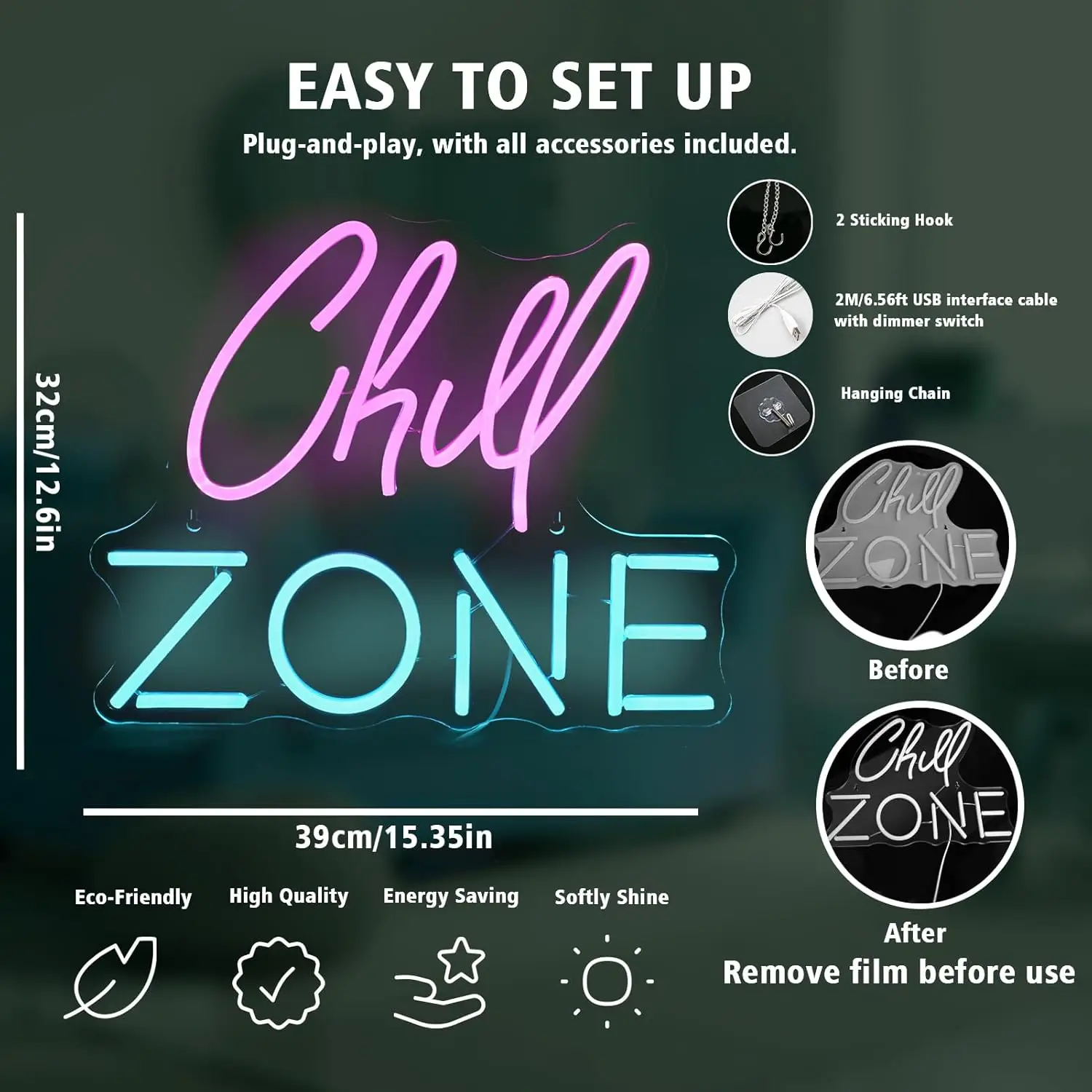 Chill Zone Neon Sign USB Powered Led Neon Sign Dimmable Wall Decor For Office Daily Party Birthday Gift Pub Man Cave