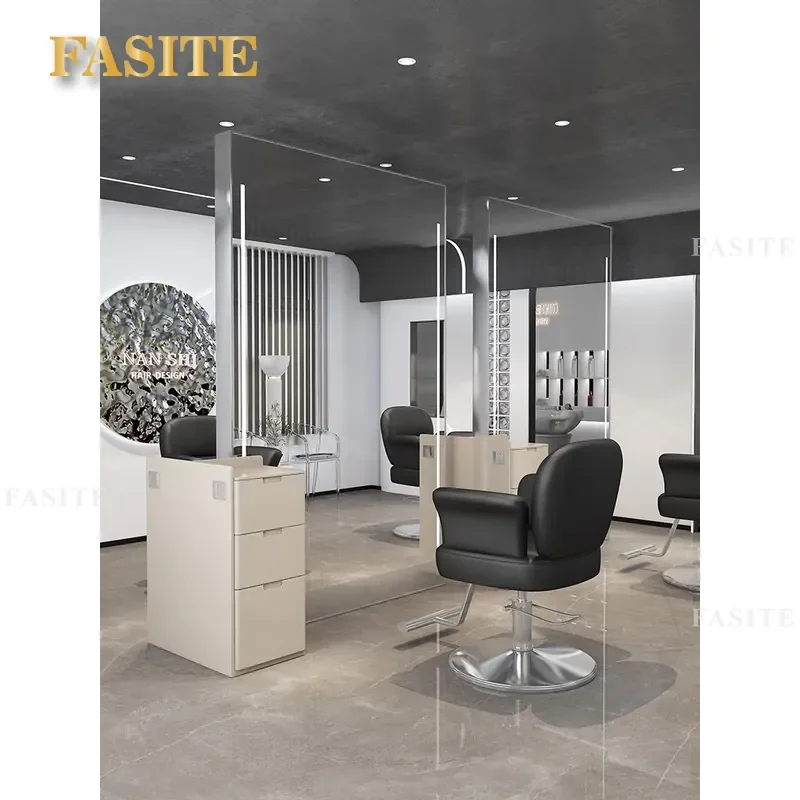 For Hair Double Sided Mirror Table with Cabinet Stainless Steel Full Body Floor Standing Barber Shop Furniture Storage