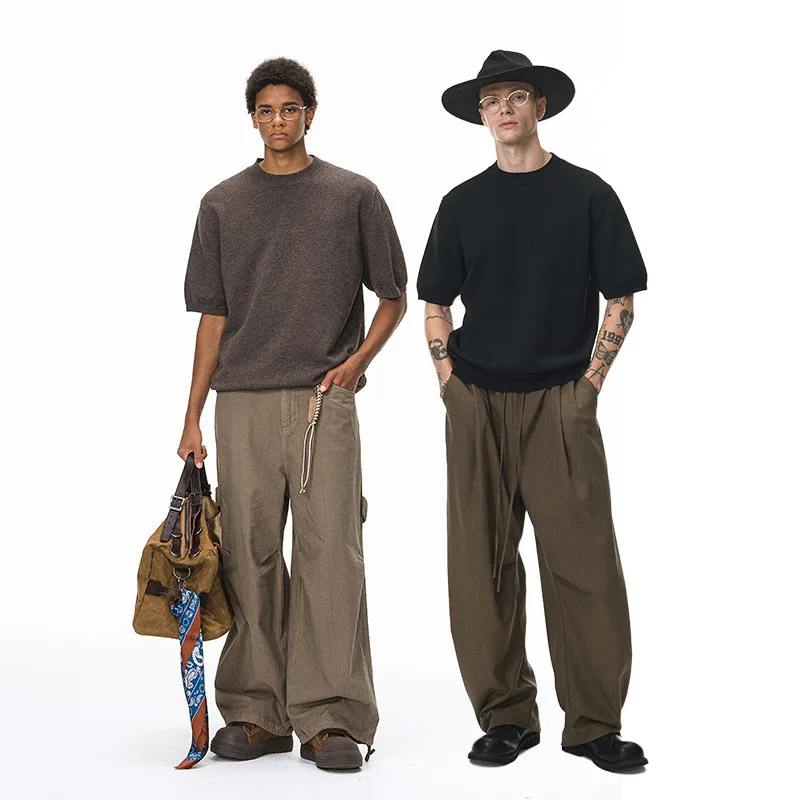 TIFICY Knit Tees T-shirt Men's Autumn New Product Loose Warm Knitted Short Sleeve Round Neck Streetwear Casual Loose Sweater