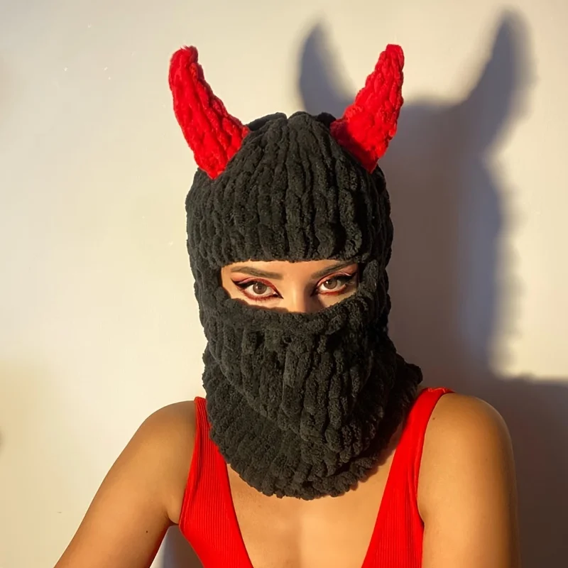 Модная крутая бархатная маска - вязаная плюшевая шапка ручной работы на осень и зиму - красивая маска с рогом, головной убор для вечеринки, Хэллоуина