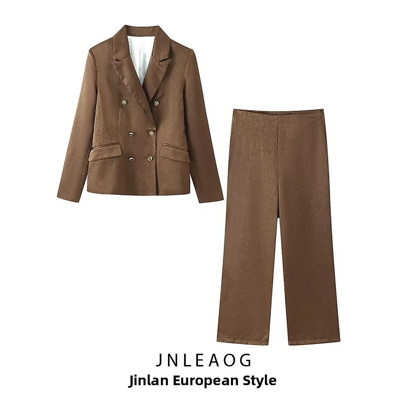 Summer New Style Women's Fashion Suit with Shoulder Pads Wrinkle Effect Jacket Wide Leg Pants Two Piece Set Long Sleeve