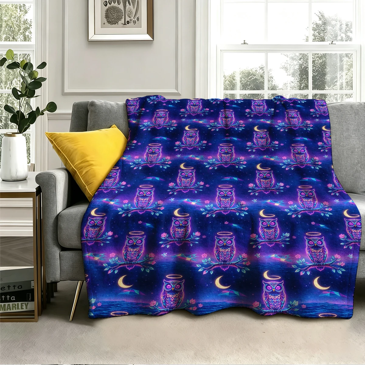 Neon Owl Halo Moon Repeat Flannel Blanket Warm Soft Halloween Christmas Decorative Couch Warm Cozy All-Season Gift