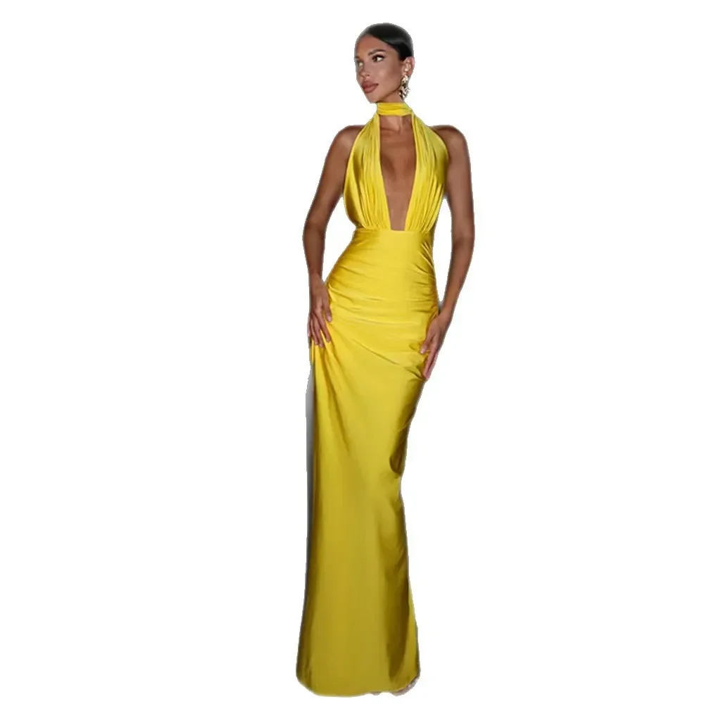 Robe longue à taille Empire pour femmes, Sexy, col en v, dos nu, couleur Pure, fente transfrontalière, nouvelle collection été