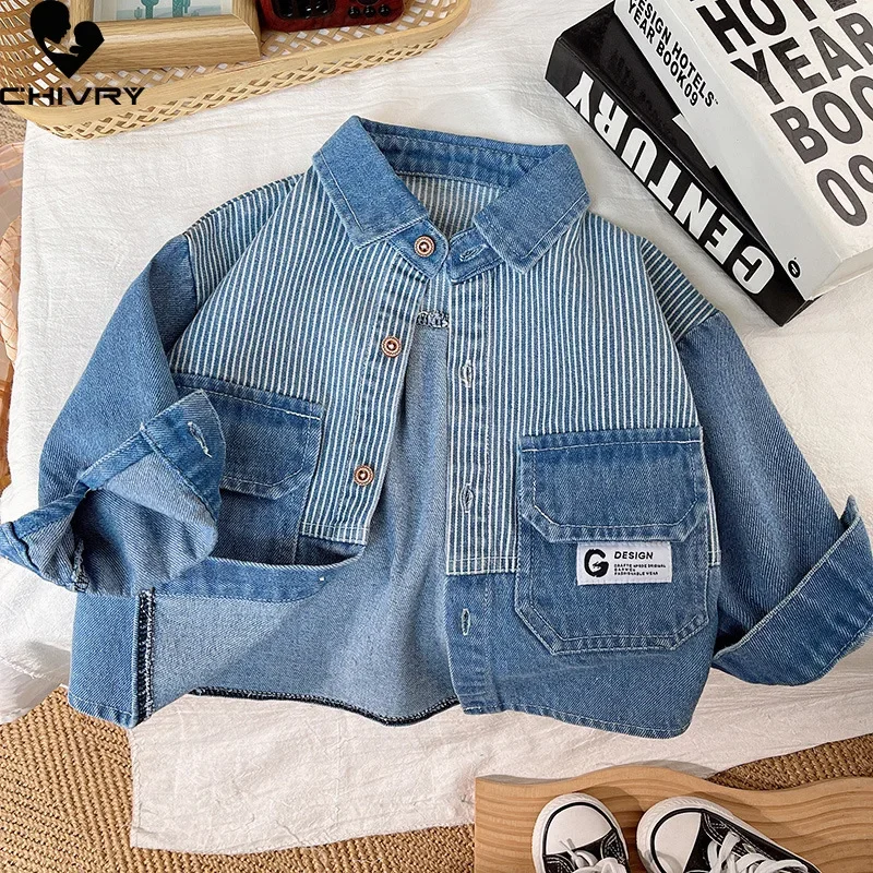 

Boys Classic Denim Shirts Jackets Spring New Children Long Sleeve Lapel Striped Patchwork Denim Shirt Tops Kids Casual Clothing