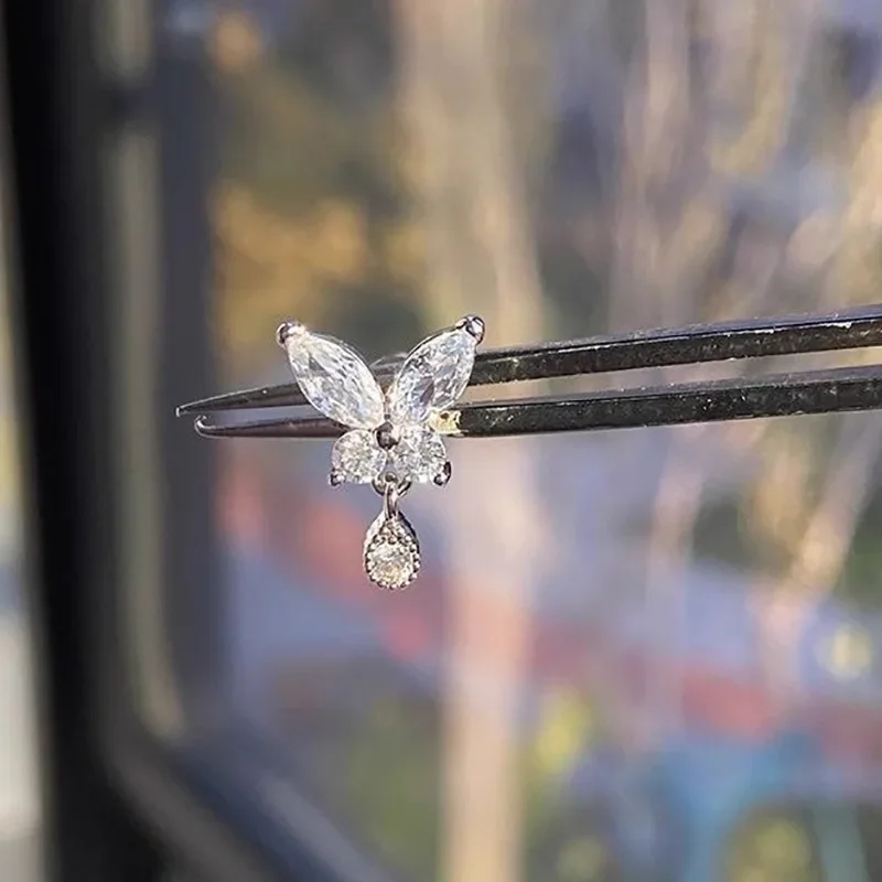 

925 Sterling Silver Butterfly Water Droplet Zircon Tassels Stud Earring for Women Fine Jewelry High Luxury Vintage Accessories