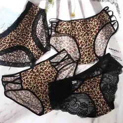 Sexy Leopard Printed Cross Belt Underwear Women Low Waist Lace Bow Panties Transparent Seamless Briefs for Female