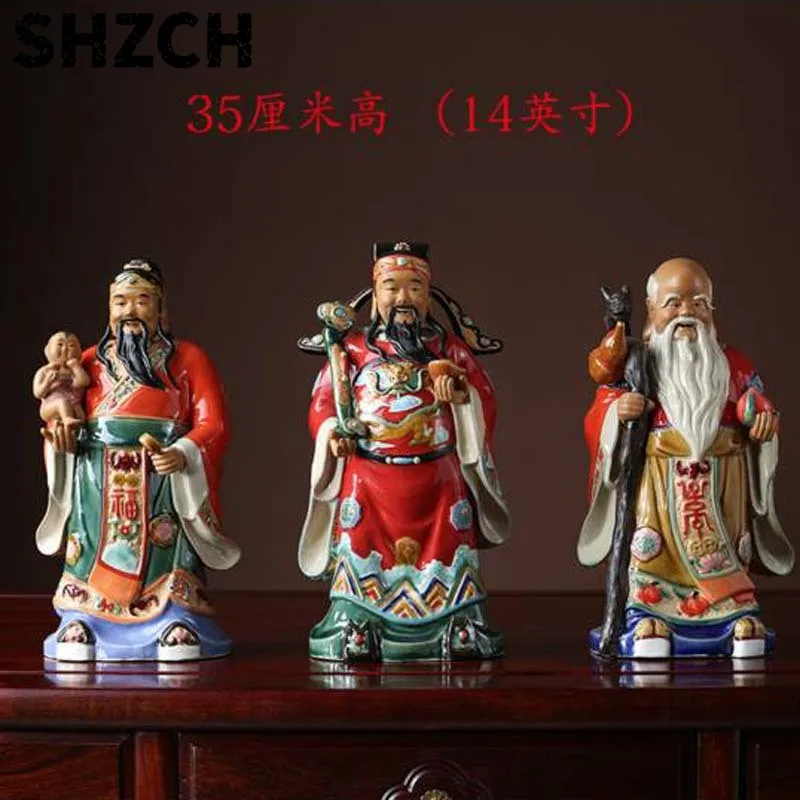3PCS Asia HOME SHOP high grade Good luck Gods buddha efficacious bless Fu Lu Shou safe health patron saint statue 35cm tall