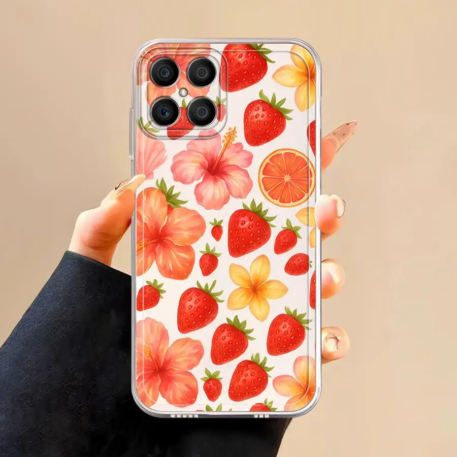 Coque à motif de fraise imprimé dessin animé, transparente et souple, pour Honor X9b X9a 90 Lite Y9 Prime 2019 X8b X7b