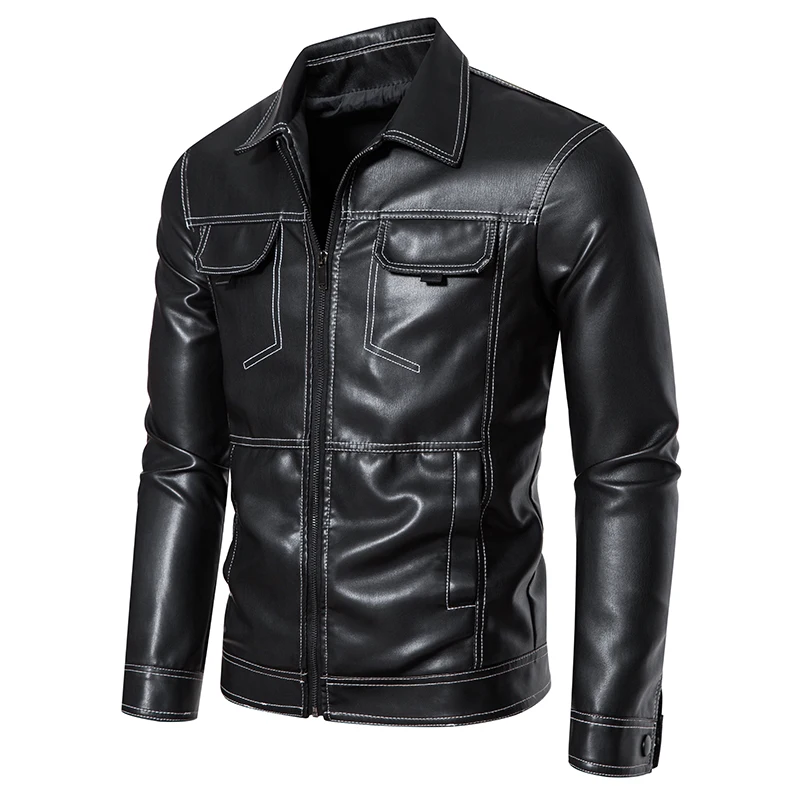 Men's Faux Leather Motorcycle Jackets Trun-Down Collar With Pocket Black Modern Fit Moto  Bike  For Male