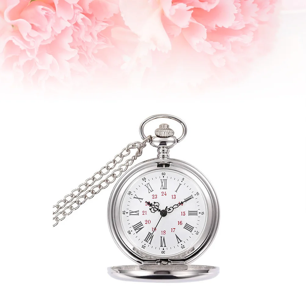 

Retro Pocket Watch Large Size Fashionable Smooth Quartz Pocket Watch Silver Thin Chain Decoration Gift For Family Friends