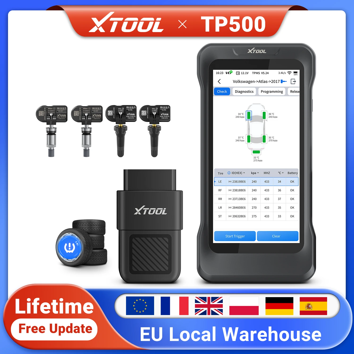XTOOL TP500 TPMS-Programmiergerät Drahtloses Scan-Tool OBD2-Scanner Vollsystem-Diagnosegerät mit 17+ Reset-Funktionen TPMS-Programmierung TS100PRO-Sensoren Aktivierung und Neulernen von 99% der