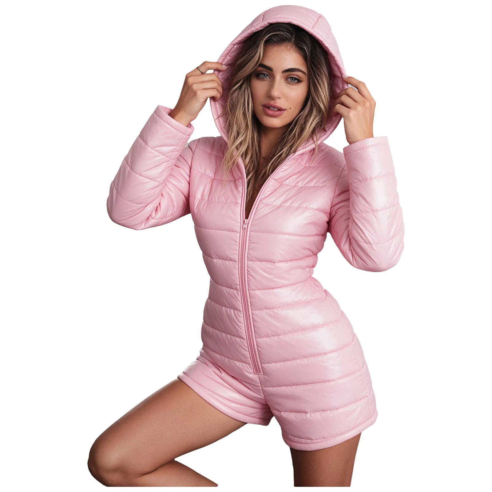 Womens Glossy Waterproof Quilted Padded Hooded Bodysuit Long Sleeve Zipper Front Jumpsuit with Pockets for Skiing Outdoor Sports