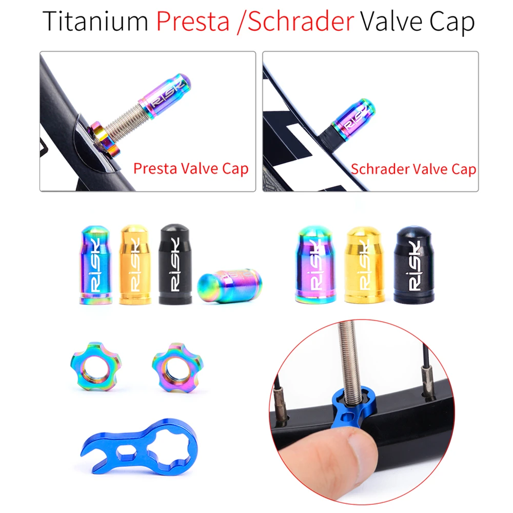 RISK Mountain Road Bicycle Presta Schrader Nozzle Valve Core Cap Titanium Alloy Screws Bike Valve Cap French American Dustproof