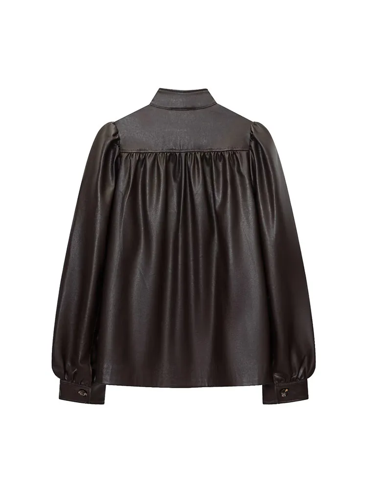 

HH Woman Fashion Autumn Street Style Long Sleeves Stand Collar Single Breasted Pocket Decoration Coated Faux Leather Jacket