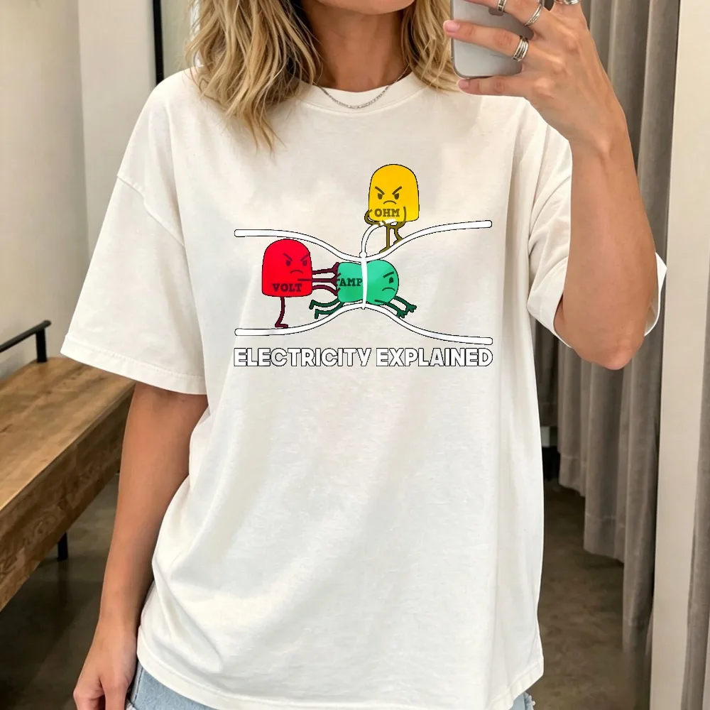 Funny Cartoon Volt Ohm Amp Electricity Explained Science Physics T-Shirt Short Sleeve Summer Casual Fashion Loose Man Women Tees