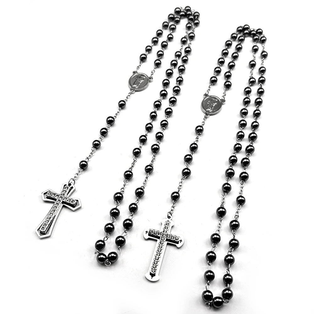 Christliches Kreuz Strass Anhänger Halskette für Frauen Männer Silber Farbe Edelstahl Katholische Gebetskette Kette Schmuck