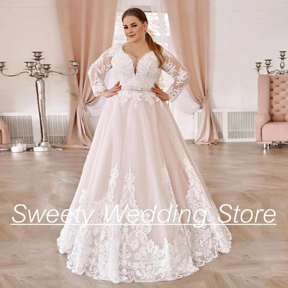 Escova vestido de casamento rosa com Applique Beads, mangas completas, V-Neck, até o chão, vestido nupcial requintado, Plus Size