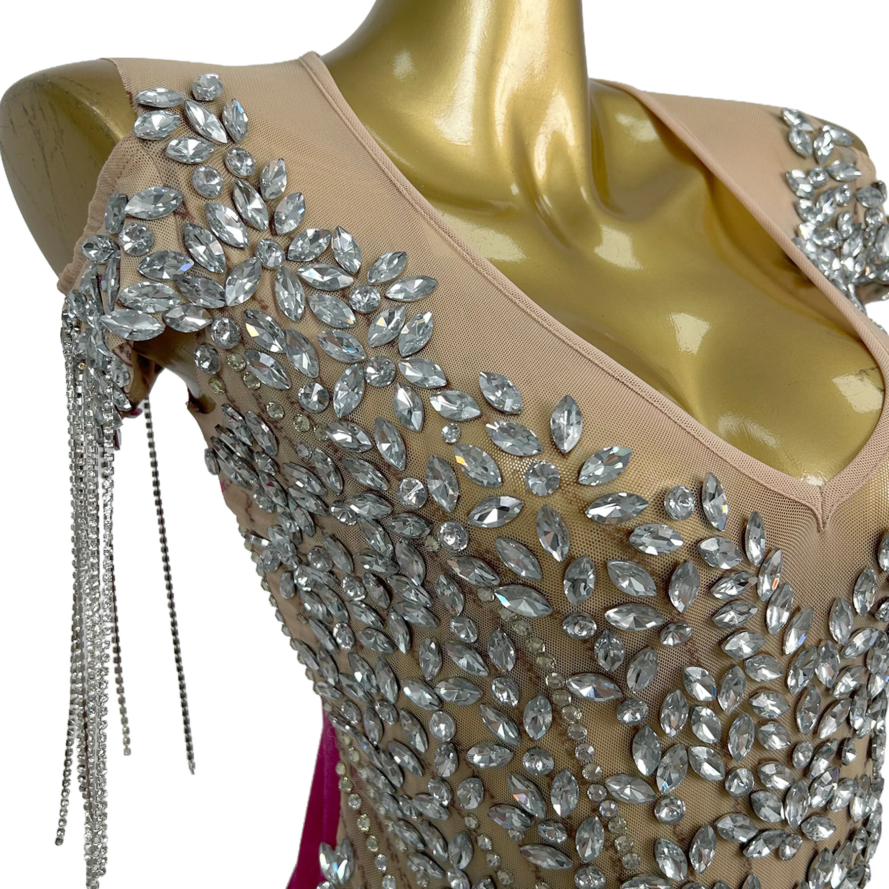 

Sanhua Nude Sheer Mesh V Neck Mini Dress Silver Rhinestone Tassel Bodycon Outfit for Nightclub Birthday Party Prom Evening Event