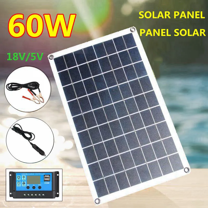 60W Solar Panel Solar Cell Portable 18V USB 5V Charging Solar Battery Waterproof Solar Charger for Phone RV Car MP3 PAD Battery