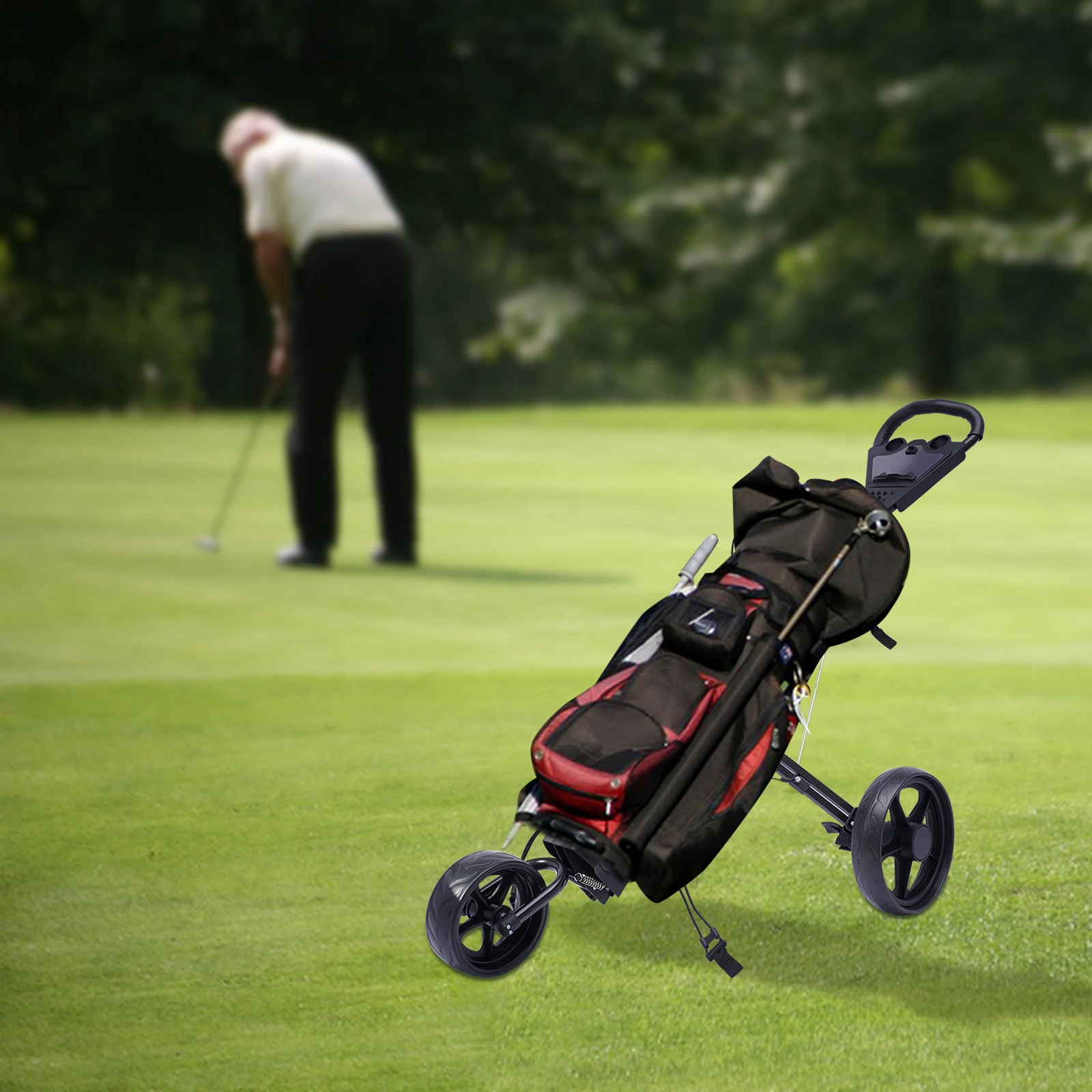 

Foldable Golf Trolley with Foot Brake, Golf Push Cart, Lightweight Club Push Pull Cart, with Scoreboard, 3 Wheels