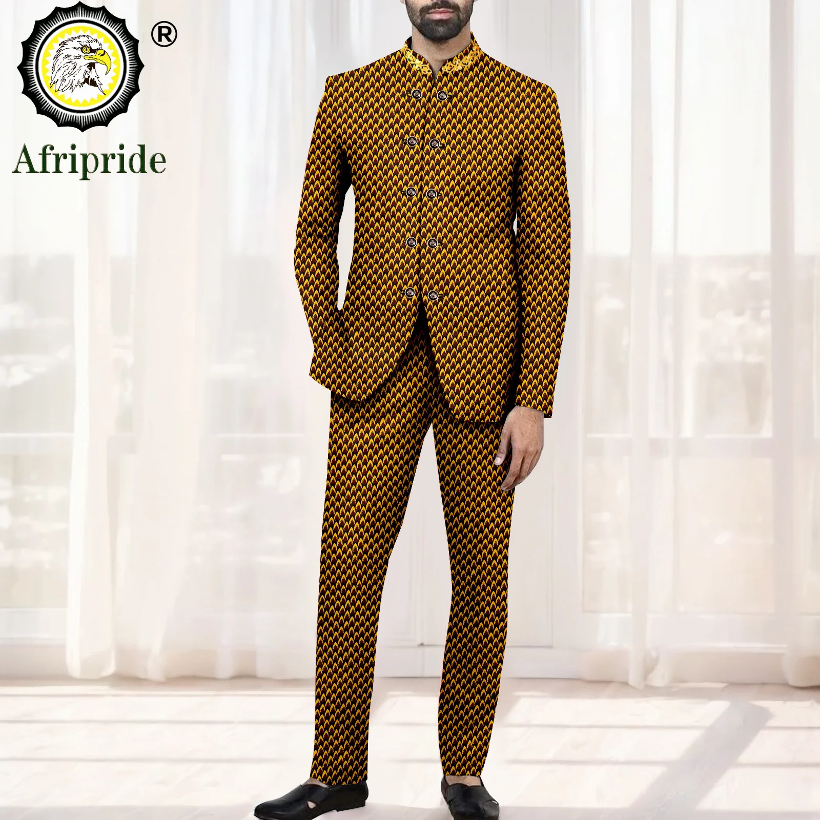 African Suits for Men Slim Fit Double Breasted Embroidery Blazer and Pants Set Business Suit Print Outfits for Wedding 2416101
