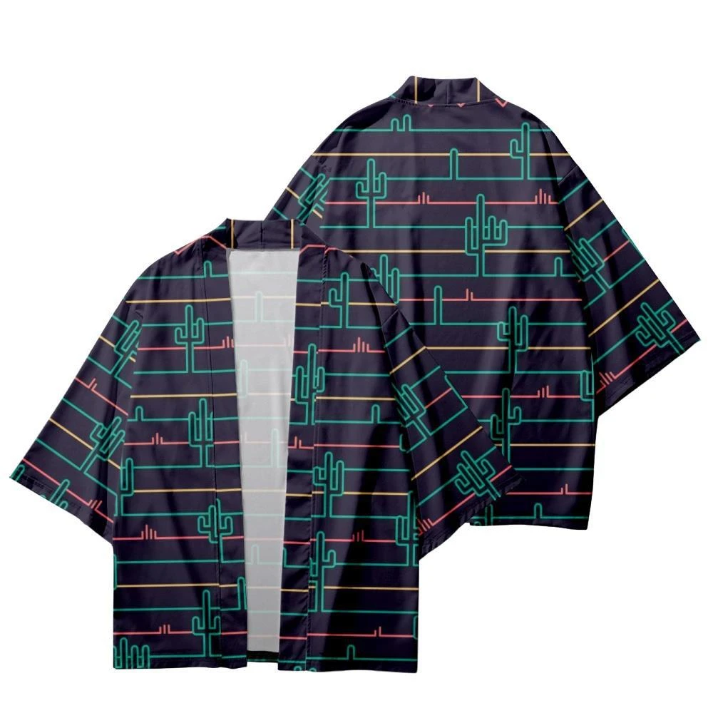 

Streetwear Men Women Haori Robe Clothes Plus Size 5XL 6XL Striped Cactus Print Cardigan Beach Yukata Harajuku Japanese Kimono