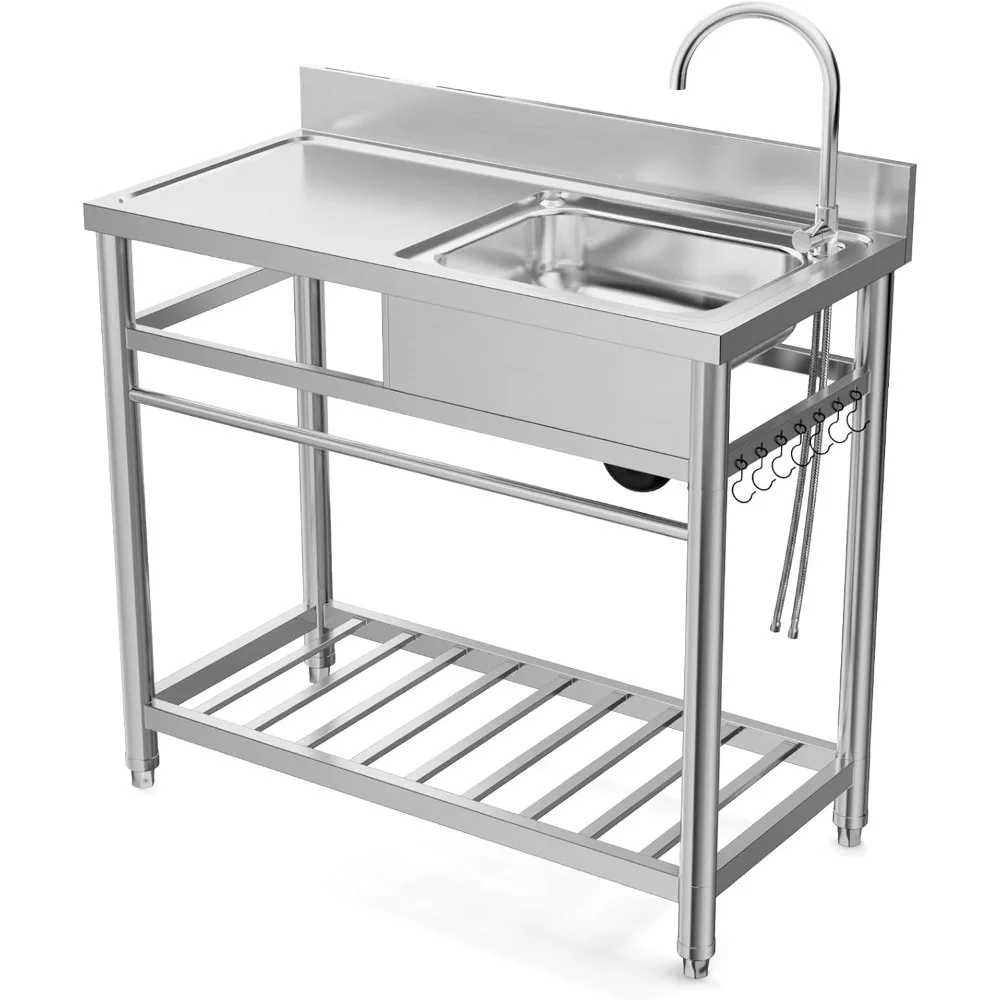 

Commercial Kitchen Stainless Steel Single Bowl Prep Sink with Countertop Faucet and Drain Board