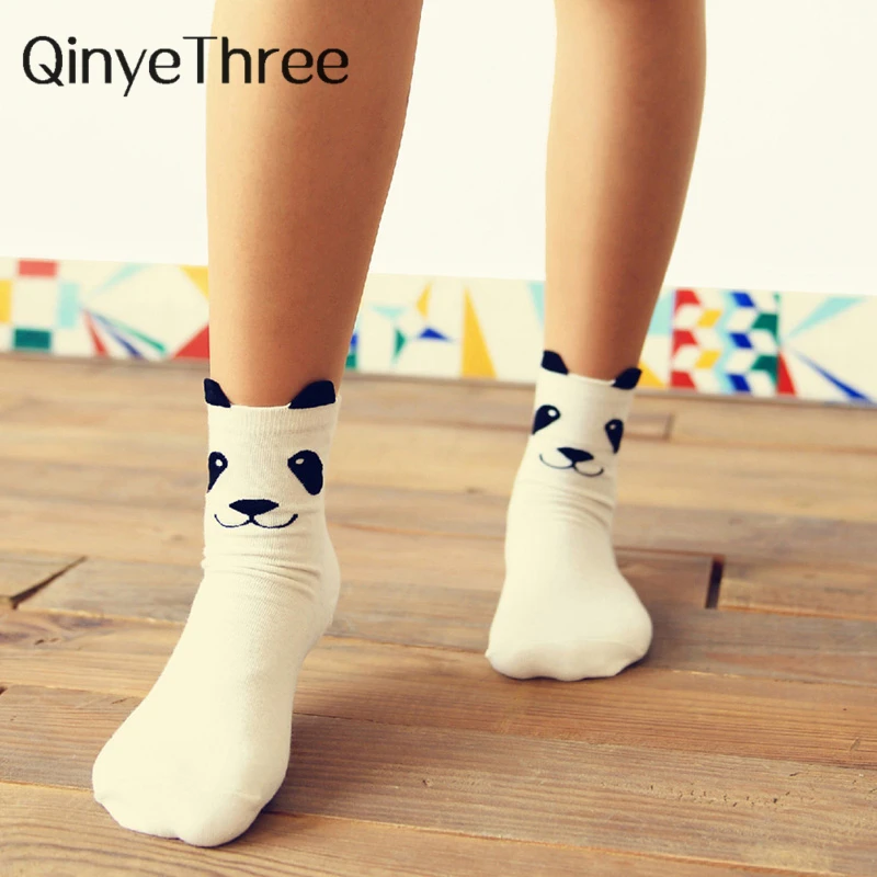 Black White Gray Girls Cute Cartoon Panda 3D Eared Socks Funny Harajuku Hipster Animal Casual Sokken Dropship