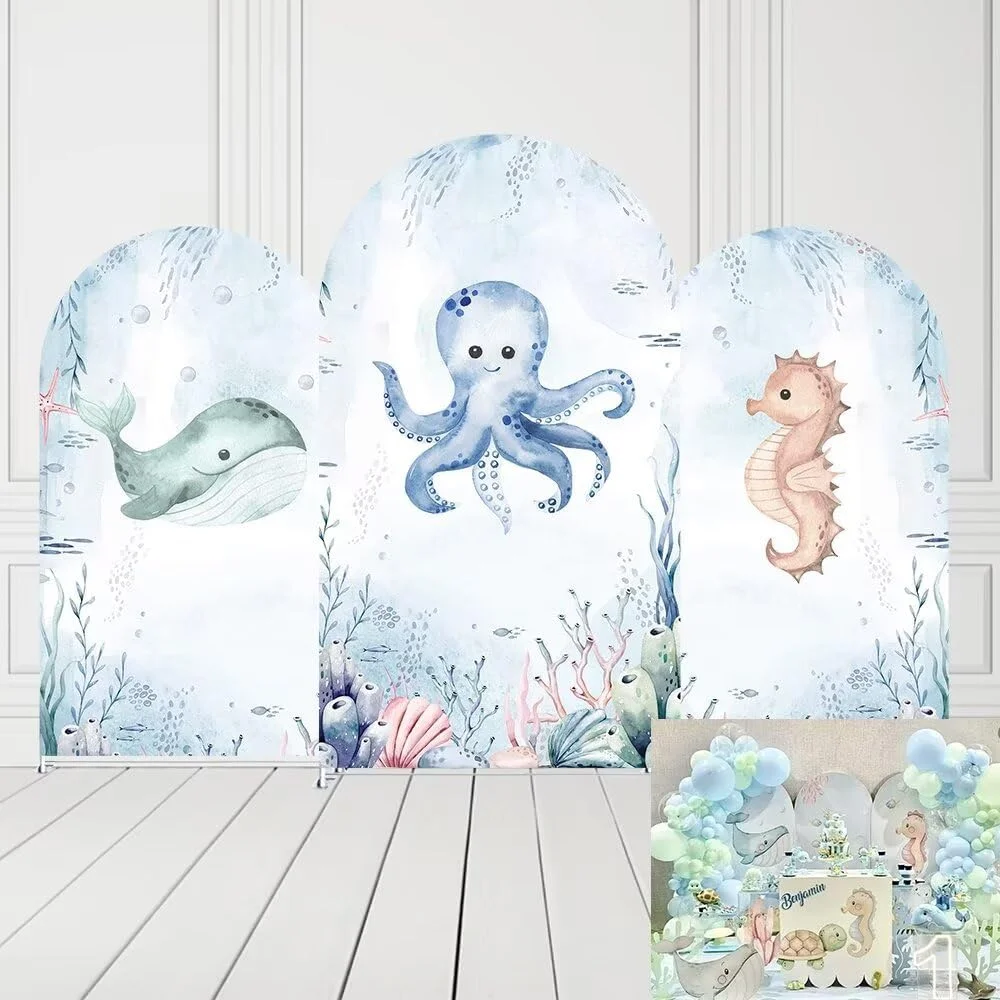 Arch Covers Underwater Octopus Birthday Party Decorations Chiara Arched Photography Backdrop Stand Cover for Kids Mermaid Sea