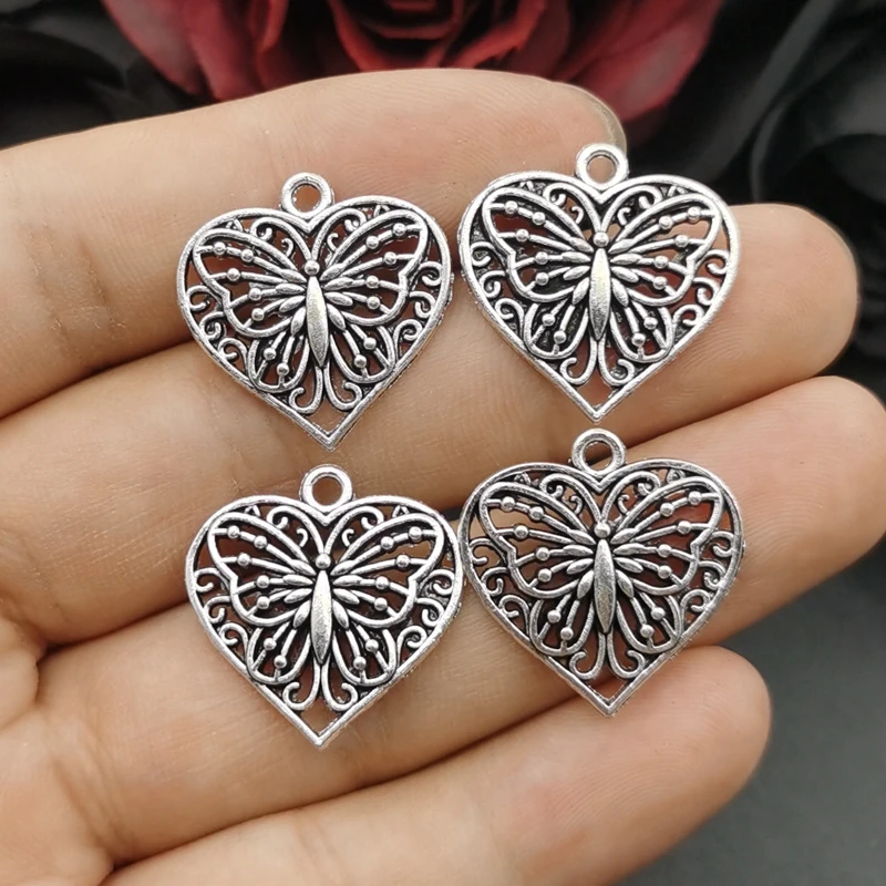 20pcs Charms Heart Butterfly 22x20mm Tibetan Silver Color Pendants Antique Jewelry Making DIY Handmade Craft