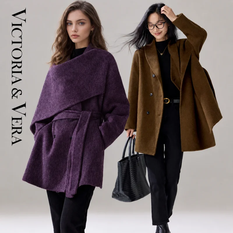 Women's Double Breasted Mid Coat, Detachable Scarf Collar Belted Oversized Winter Jacket