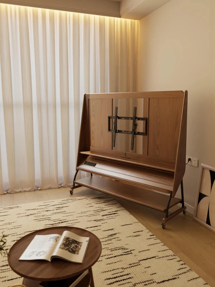 Solid wood medieval TV living room household small apartment extremely narrow ultra-thin floor removable creative TV bracket