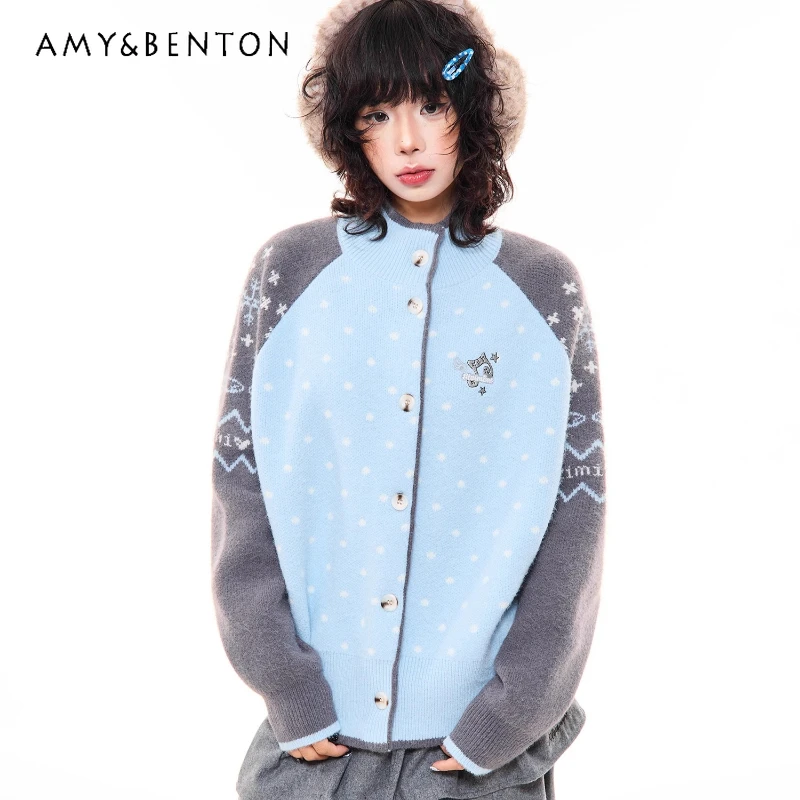 

Рождественская женская одежда, зима 2025, новый дизайн, милый милый снежинка в горошек Y2k, свободный универсальный вязаный кардиган для женщин